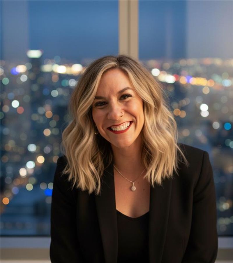 Smiling woman with blonde hair in a black blazer sits by a window with a city skyline at night behind her—Noelle Daykin.