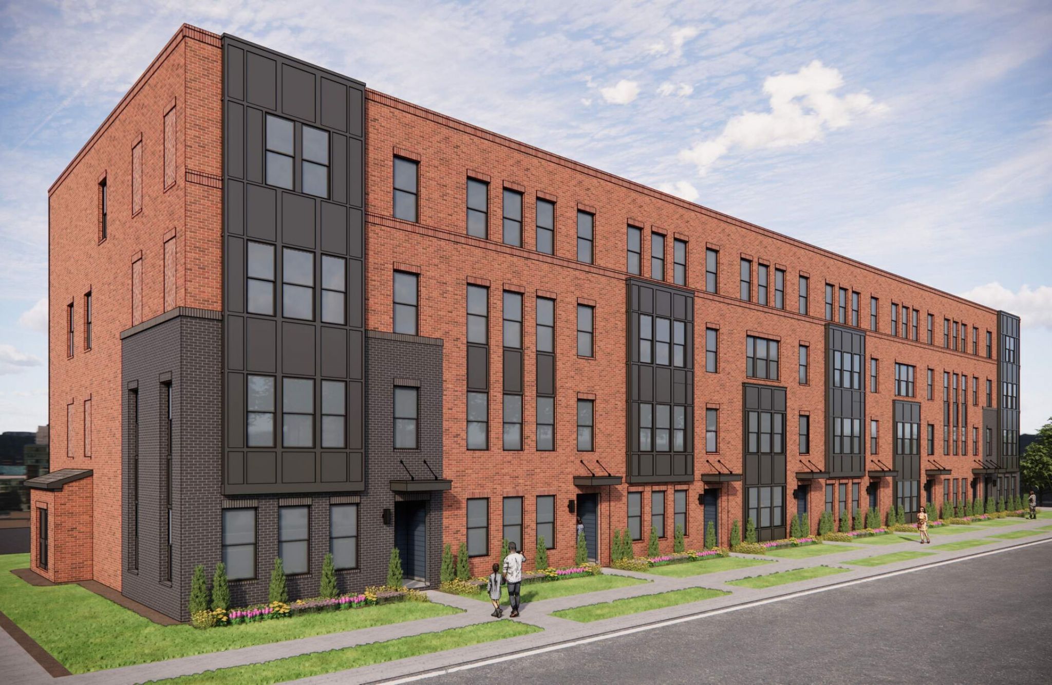 A modern Durham Park lofts apartment complex with dark metal accents and sidewalk landscaping.