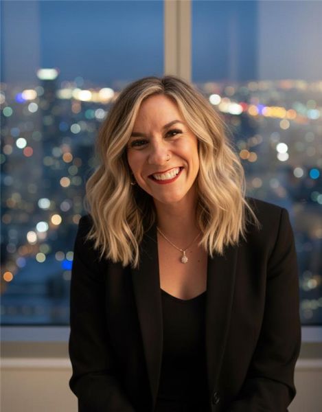 Smiling woman with blonde hair in a black blazer sits by a window with a city skyline at night behind her—Noelle Daykin.