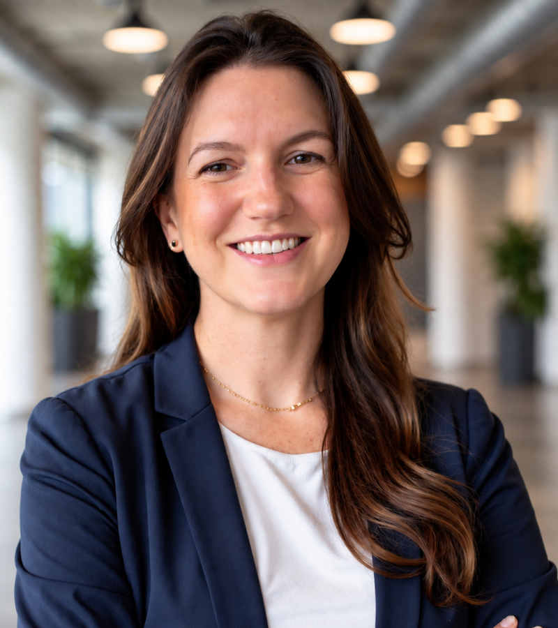 Victoria Pakala, smiling in a navy blazer, stands with arms crossed in a bright, modern office hallway.