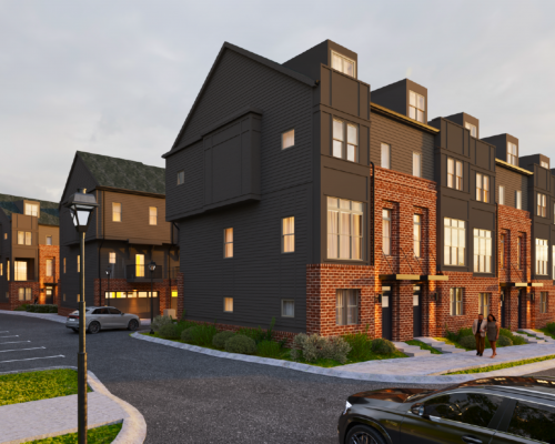Modern townhouses at Two West End feature brick, dark siding, landscaped streets, parked cars, and locals strolling under a glowing streetlamp.