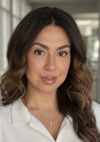 Amber Kaiser, a woman with long wavy brown hair, wears a white shirt and necklace, smiling indoors.