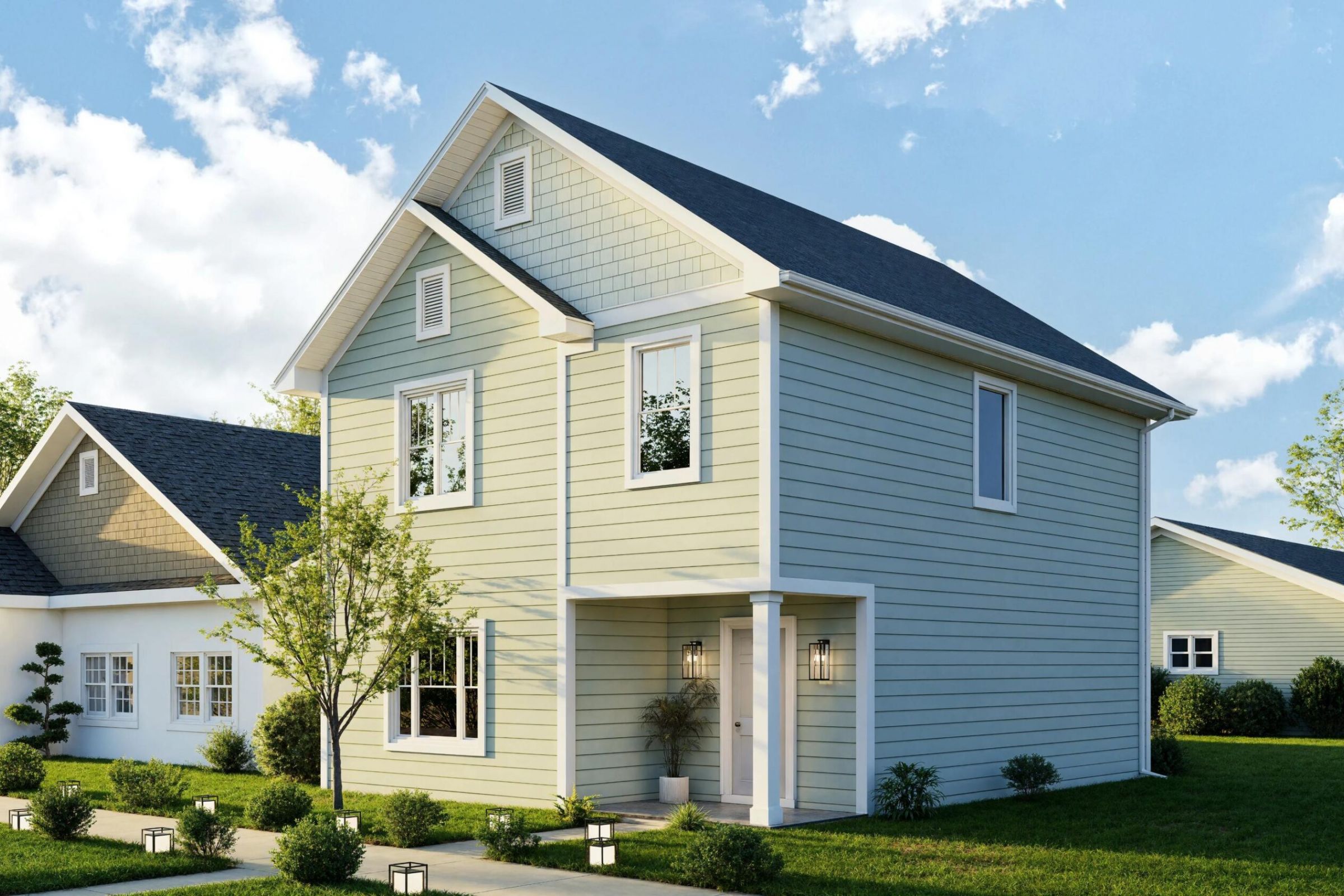 Light green two-story house with white trim at The Bend at Cramerton Mills, featuring a porch and landscaped yard on a sunny day.